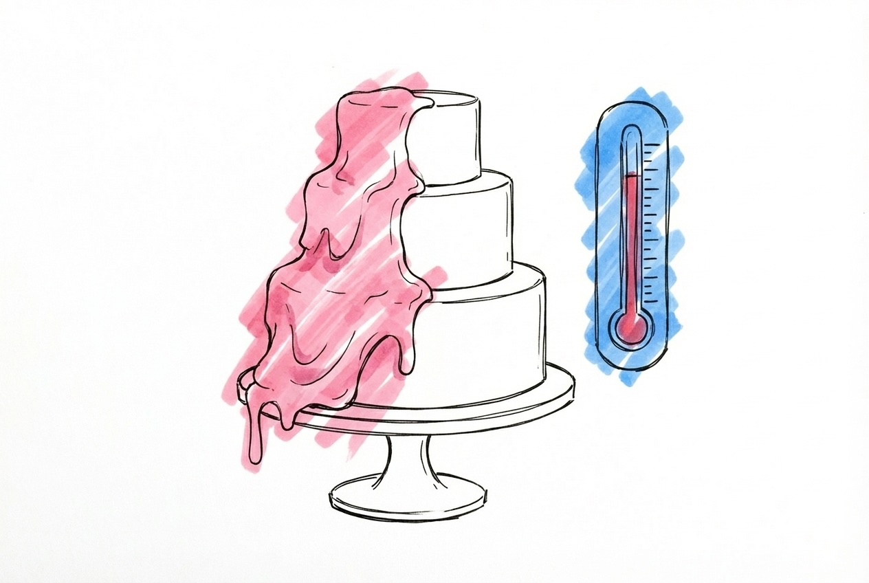 En bröllopstårta utomhus i varmt solljus med smörkräm som börjar smälta lite, med en termometer i närheten, i Lovios rosa och blå illustrationsstil