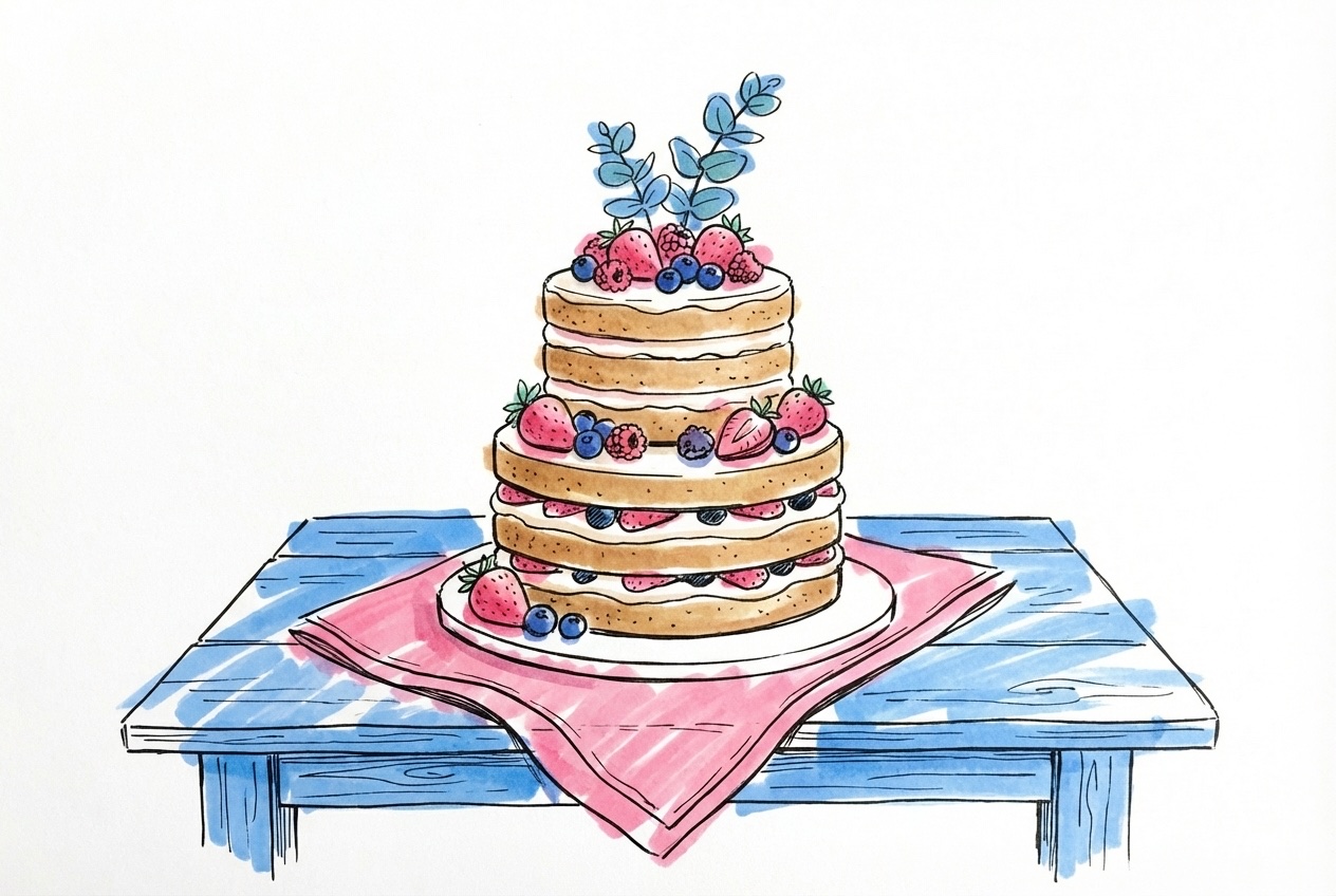 En trevånings naked cake med synliga tårtbottnar och tunn kräm mellan lagren, toppad med färsk frukt och en eukalyptuskvist på ett träbord med linne, i Lovios rosa och blå illustrationsstil