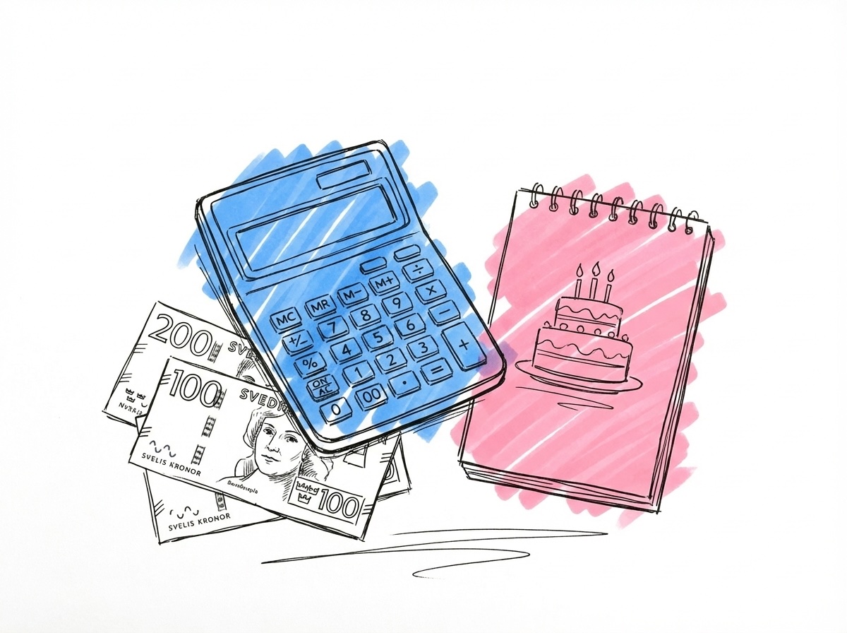En kalkylator, ett anteckningsblock med en tårtskiss och mynt upplagda bredvid — en praktisk budgetplaneringsscen, i Lovios rosa och blå illustrationsstil