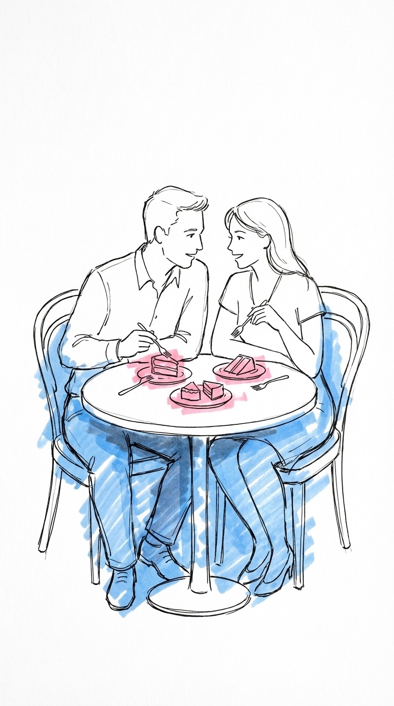 Ett par som sitter vid ett litet bord med små tårtprovbitar och gafflar framför sig, i samtal med någon mittemot bordet, en intim smakprovningsscen, i Lovios rosa och blå illustrationsstil