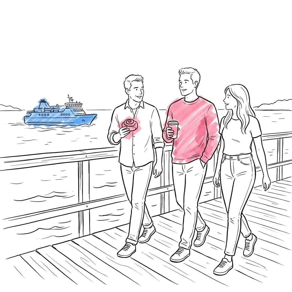 Liten grupp människor på en strandpromenad vid vattnet med en skärgårdsfärja i bakgrunden, en person håller en kanelbulle och en takeaway-kaffe