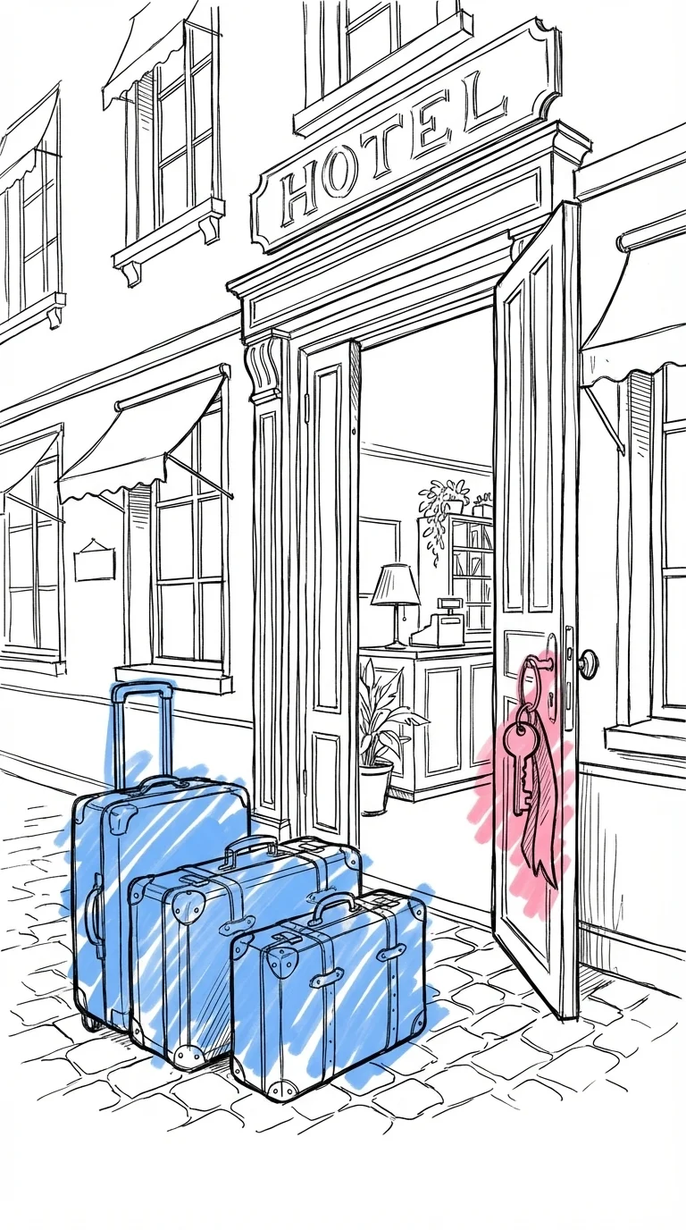 Charmig hotellfasad med en liten receptionsdesk synlig genom dörröppningen, en rumsnyckel på band och en klump resväskor utanför entrén