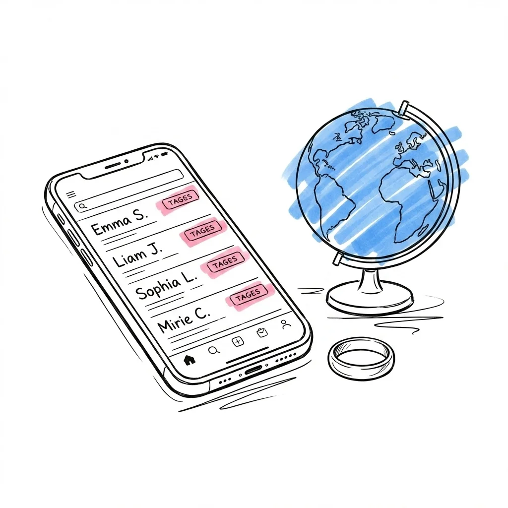 Telefonskärm som visar en gästlista med taggetiketter, bredvid en vigselring och en liten jordglob — organiserat, modernt och handlingsorienterat