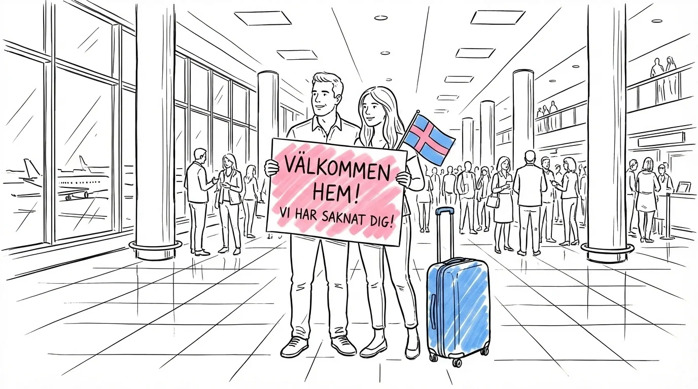 Flygplatsscen med ett par som håller en handskriven välkomstskylt, en rullväska intill och en svensk flagga — internationella gäster landar för bröllopet