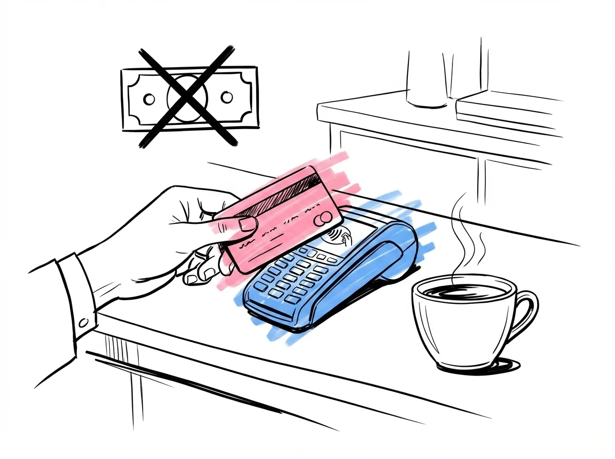 Hand som blippar ett kreditkort mot en betalingsterminal på en cafédisk, en kaffekopp bredvid och en överkorsad sedelsymbol i bakgrunden