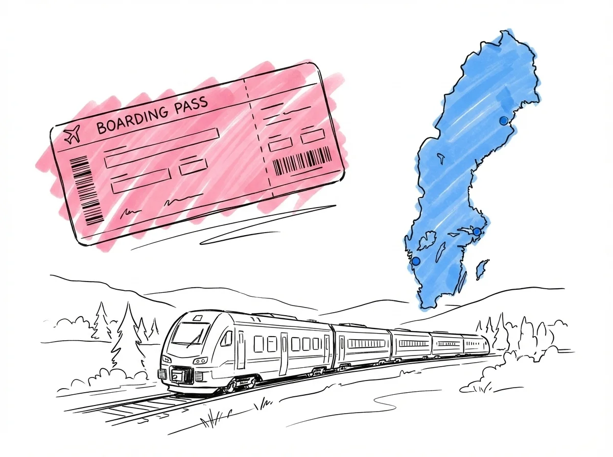 Flygbiljett, en liten karta över Sverige med flygplatsmarkeringar och ett tåg som passerar genom ett landskap — känsla av resa och tydliga riktningar