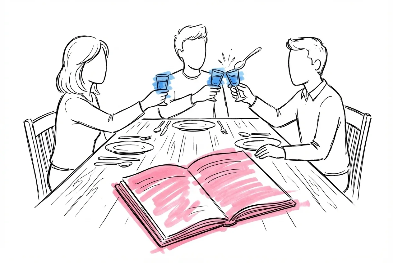 Festligt middagsbord med gäster som höjer små glas för en skål, en öppen sångbok i förgrunden och någon som klingar på ett glas med en sked