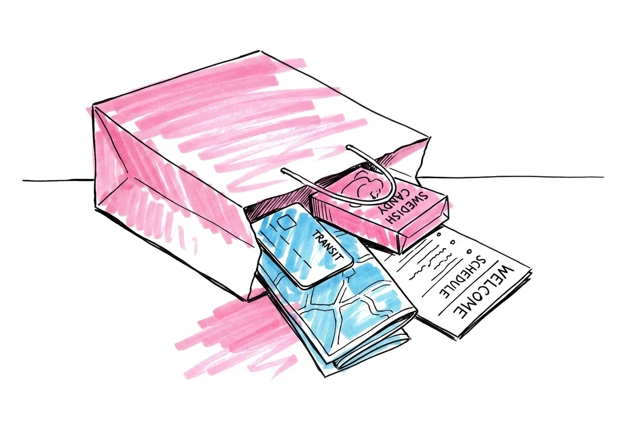 Öppen presentpåse på en hotellsäng med resekort, en vikt karta, en ask svenskt godis och ett litet tryckt programkort som spills ut