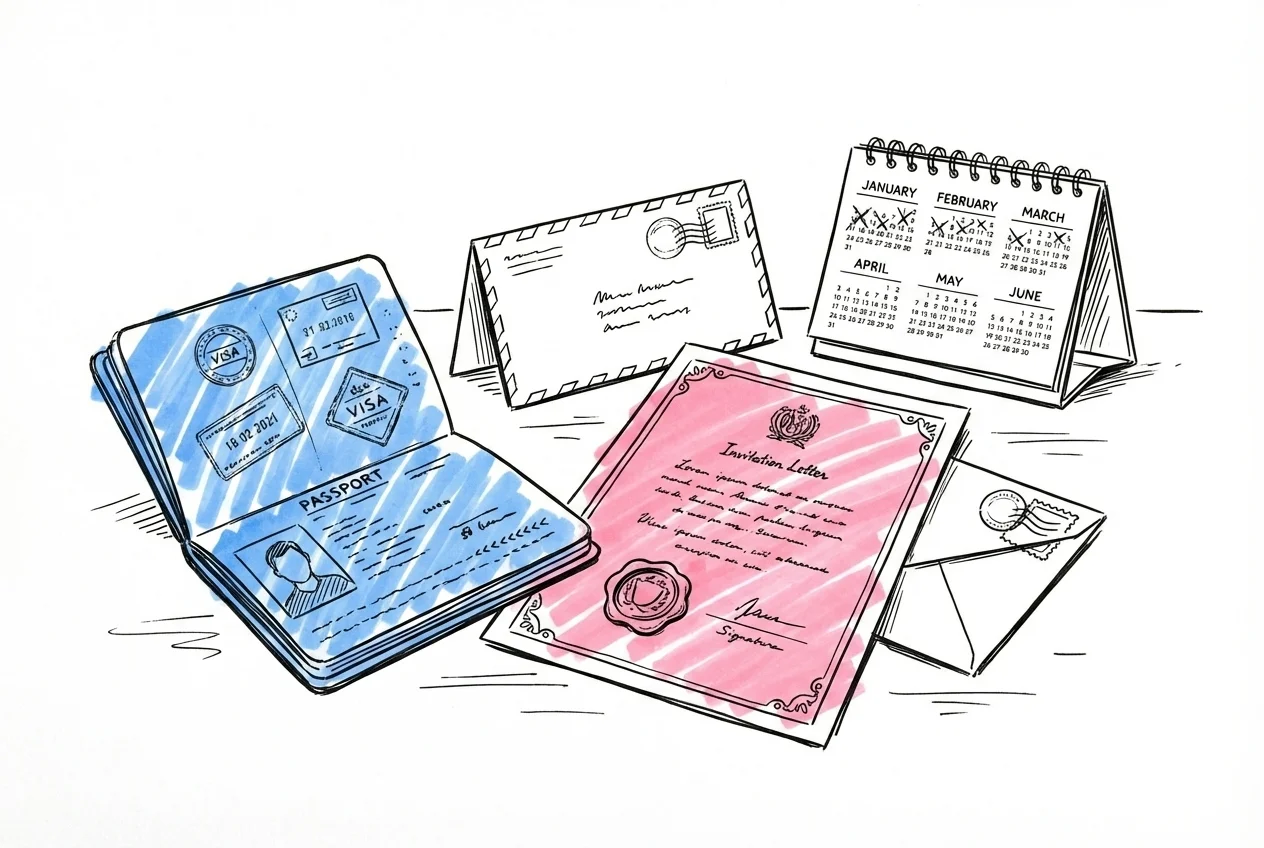 Pass öppet bredvid ett formellt inbjudningsbrev med vaxsigill, stämplat kuvert och en liten skrivbordskalender med markerade månader