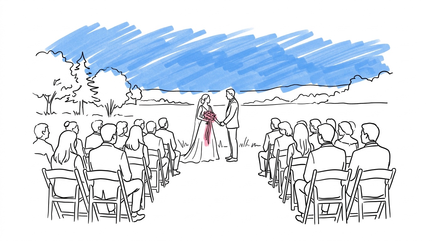 Brudpar håller varandra i handen under utomhusvigsel med gäster sittande i bakgrunden