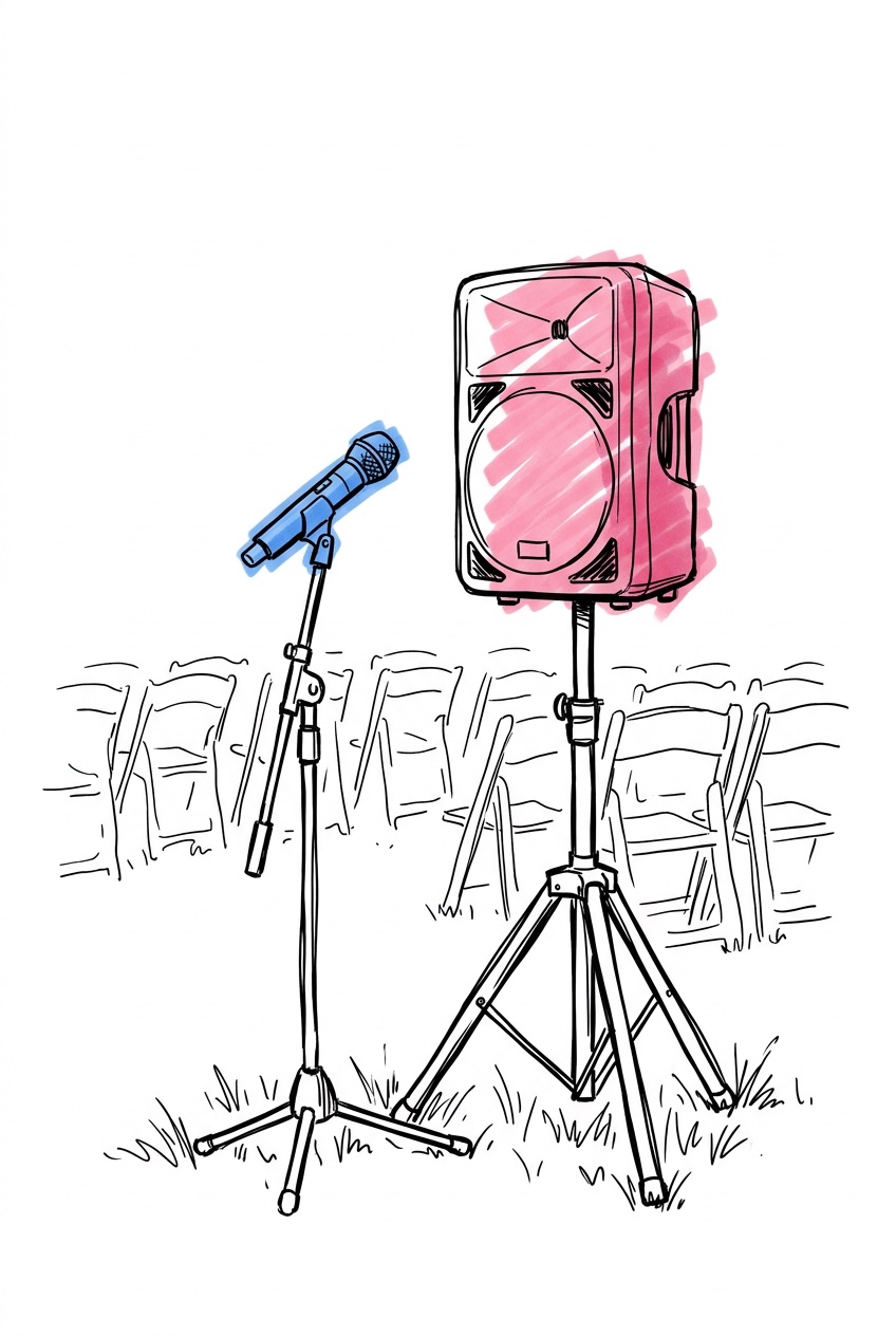 Kompakt PA-system med högtalare och trådlös mikrofon för utomhusceremoni