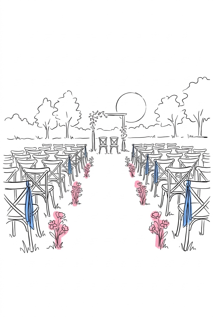 Stolar uppställda på gräs med tydlig gångväg fram mot ceremoniplatsen