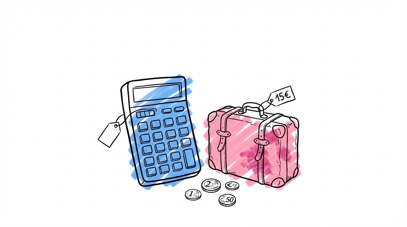 Budgetanteckningsbok, mynt och resväska med prislapp — kostnader destinationsbröllop