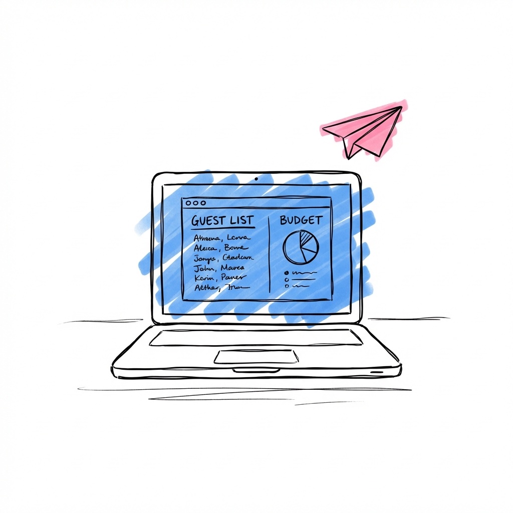 Laptop med dashboard för gästlista, budget och resechecklista — Lovio planeringsverktyg