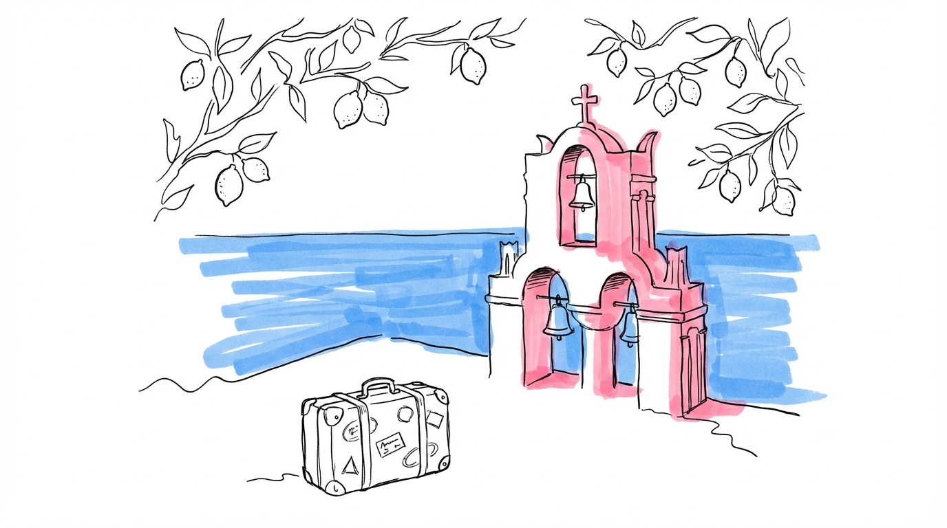 Stiliserad karta med toskansk villa, Santorini-klocktorn och citronträd — populära destinationer