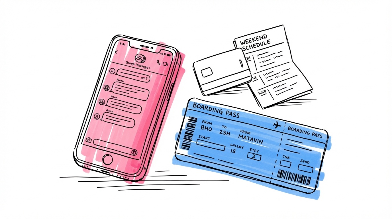 Smartphone med gruppmeddelanden, boardingkort och hotellnyckel — gästkoordinering destinationsbröllop