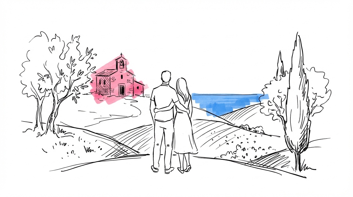 Par som blickar ut över ett medelhavs-landskap med kapell och olivträd — destinationsbröllop utomlands