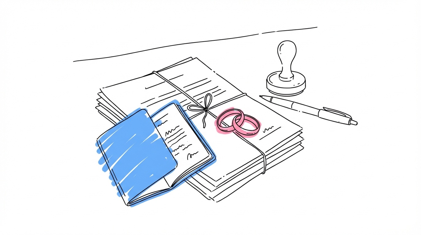 Skrivbord med officiella dokument, pass, stämpel och vigselringar — juridik vid utlandsvigsel