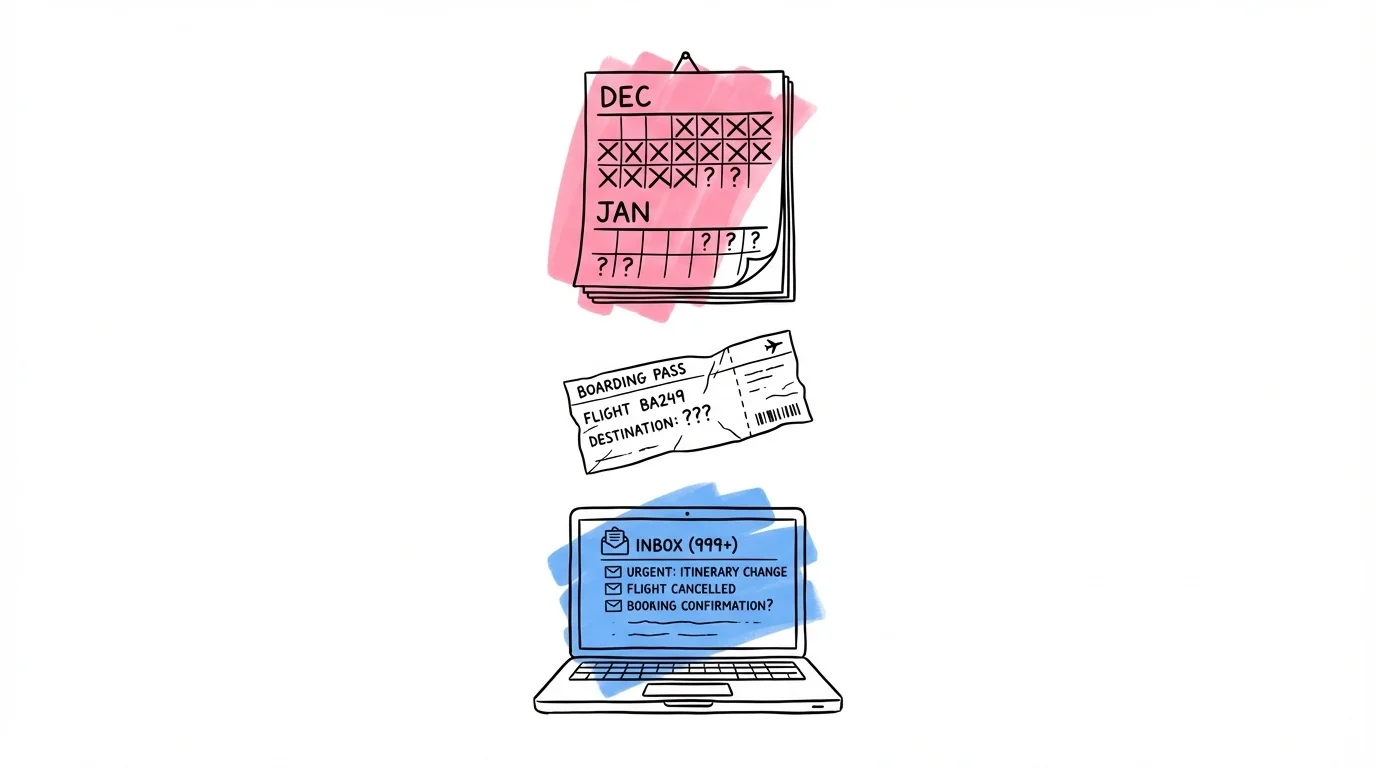 Kalender med överkorsade datum, skrynklad boardingpass och överfull inkorg — vanliga misstag
