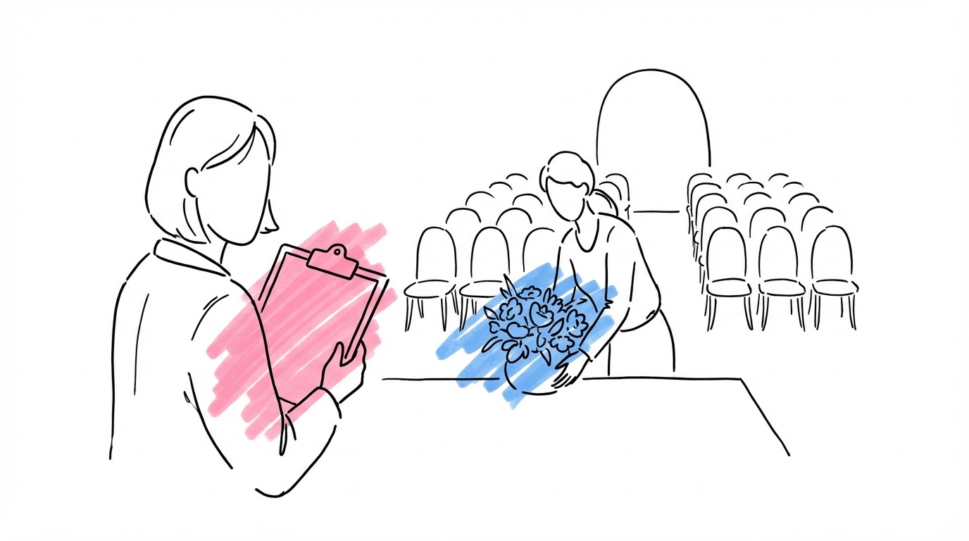 Wedding planner med clipboard vid dekorerad utomhuslokal — professionell planering