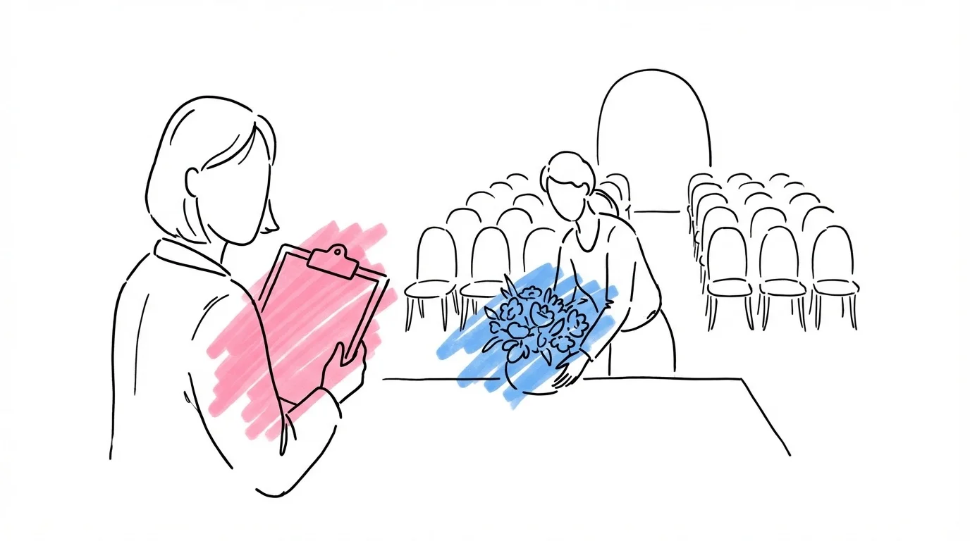 Wedding planner med clipboard vid dekorerad utomhuslokal — professionell planering