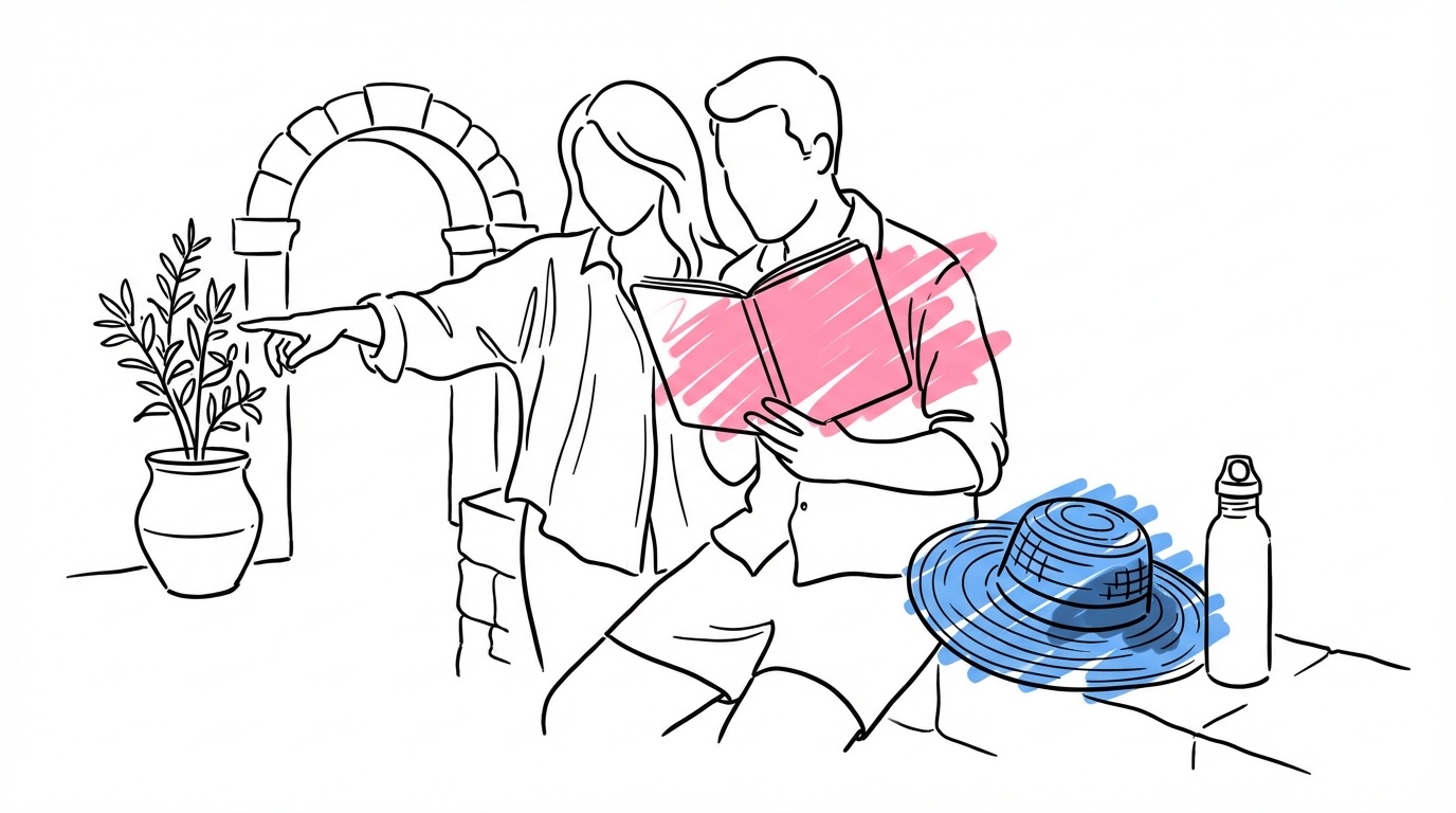 Par med anteckningsbok och solglasögon som besöker en venue-innergård — förberedelser