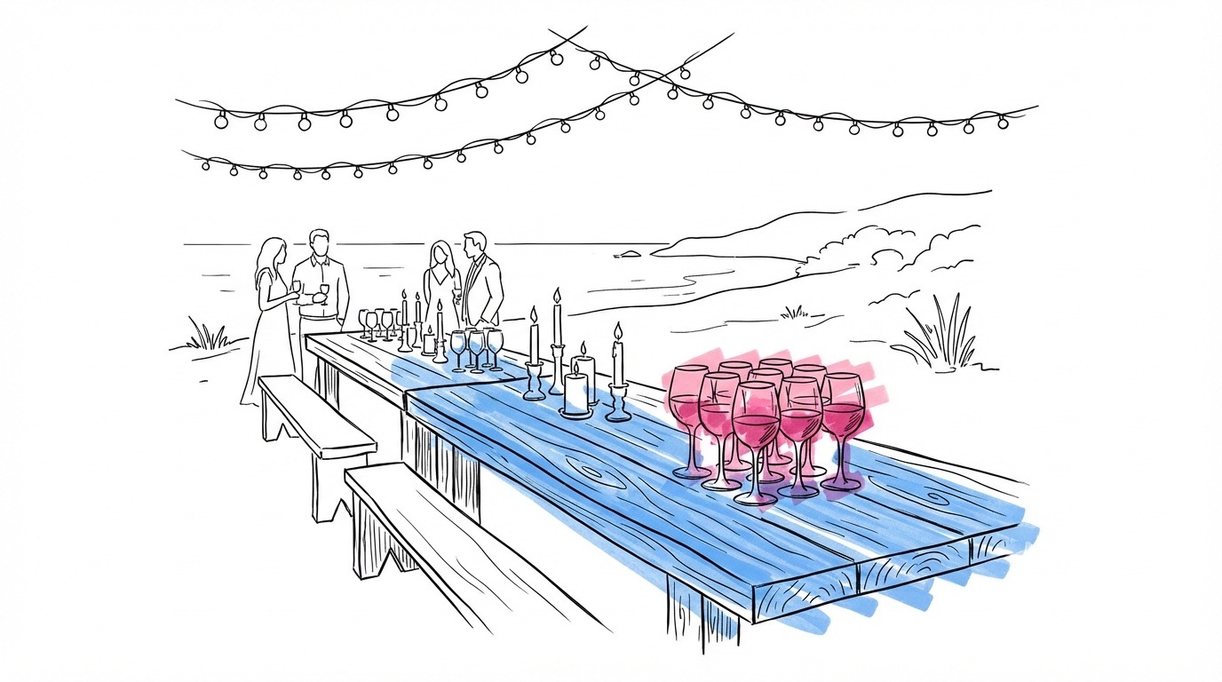 Intimt middagsbord utomhus under ljusslingor vid kusten — destinationsbröllop stämning