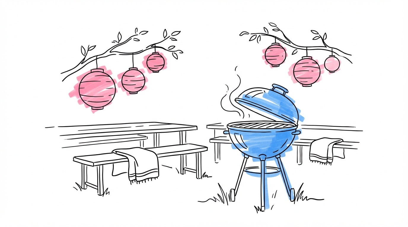 Trädgårdsfest med grill och långbord — format för välkomstmiddag