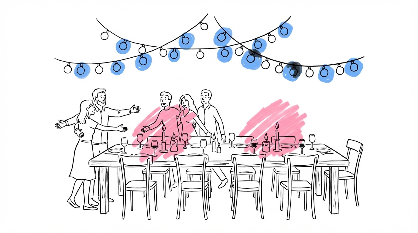 Välkomstmiddag bröllop — långbord utomhus med ljusslingor och gäster