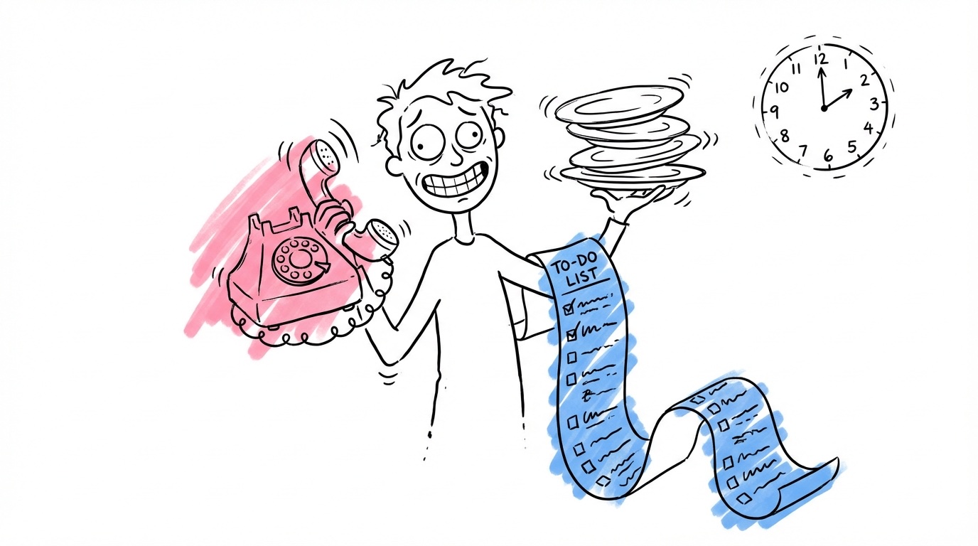 Vanliga misstag vid välkomstmiddagen — stressad person som jonglerar