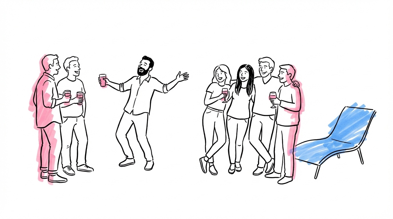 Gäster minglar och skrattar på en avslappnad välkomstmiddag