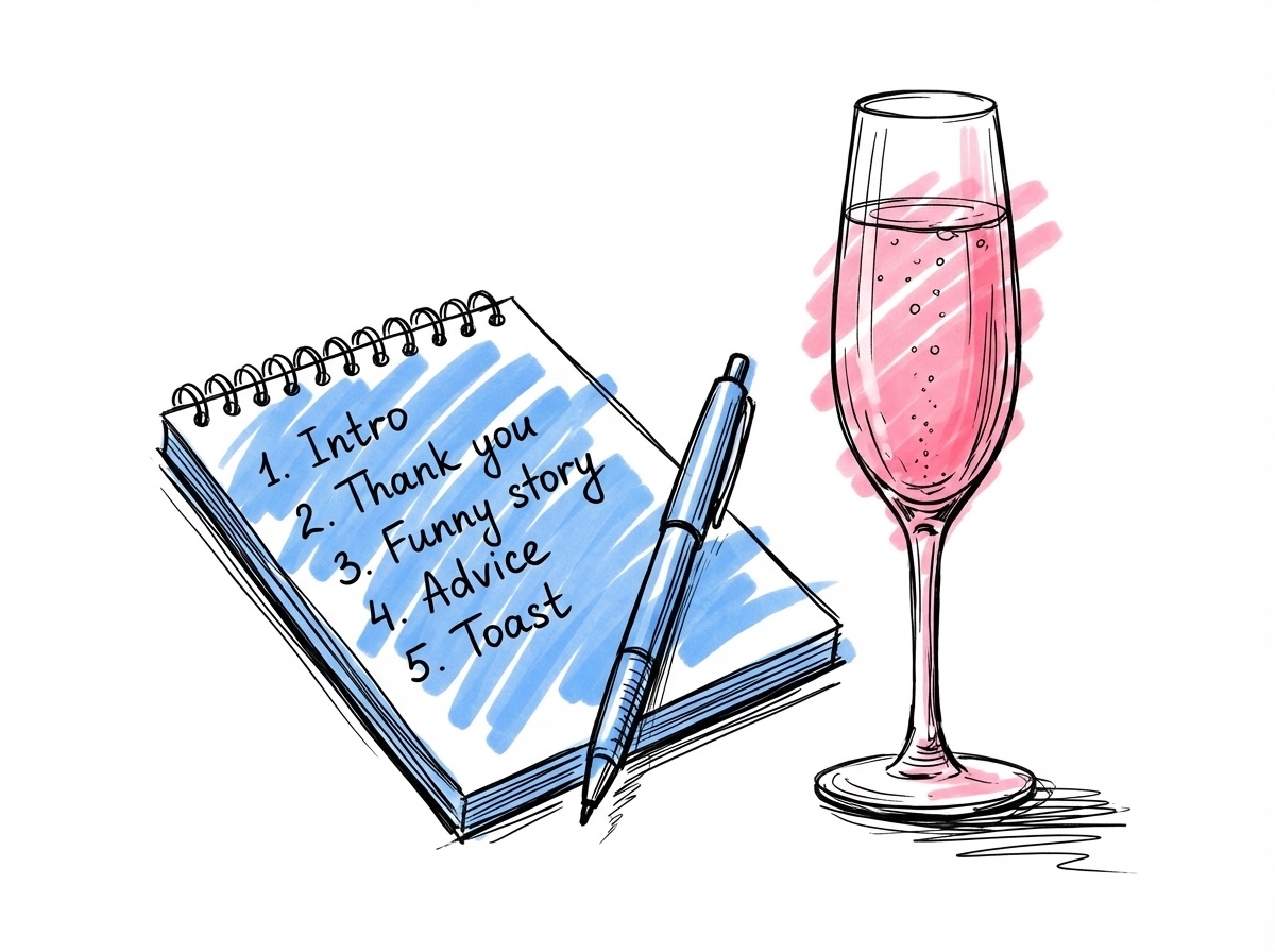 Fem byggstenar uppradade horisontellt — hälsning, presentation, om paret, tack och skål — i Lovios rosa och blå illustrationsstil