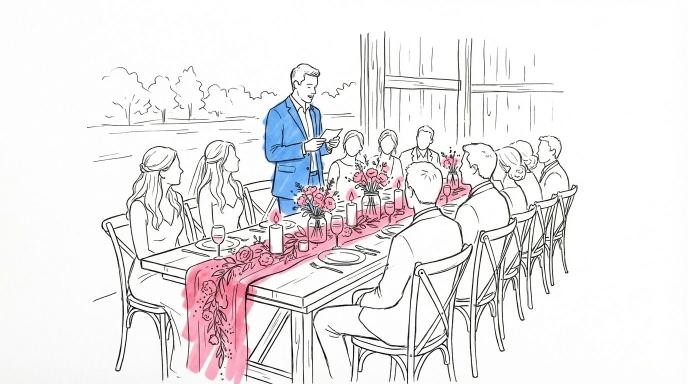 Elegant bröllopsmiddag med en person som reser sig för att hålla välkomsttal vid ett vackert dukat bord i Lovios rosa och blå illustrationsstil