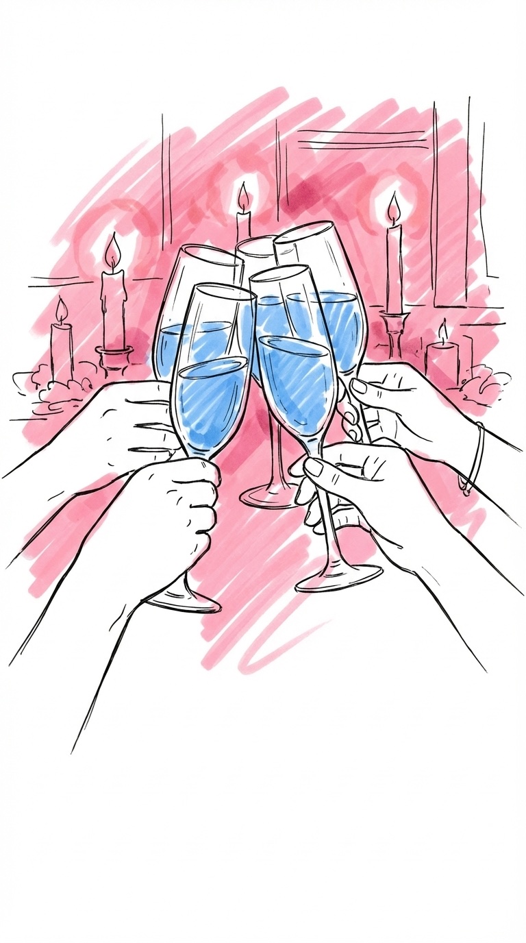 Champagneglas som höjs i en skål vid ett bröllopsbord med varmt ljus i Lovios rosa och blå illustrationsstil