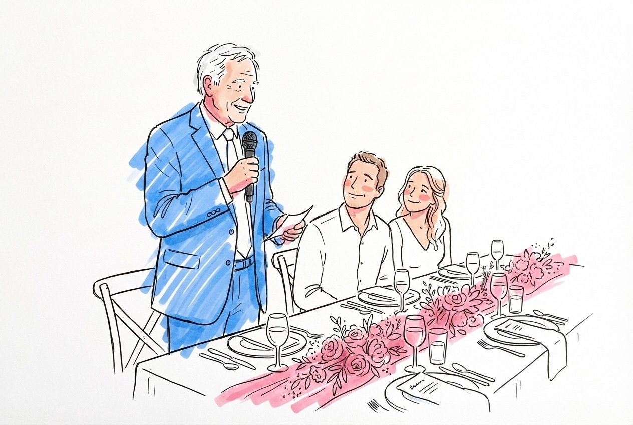 Tre siluetter — brudens far, brudgummens förälder och brudparet — bredvid en mikrofon som symboliserar valet av talare i Lovios stil