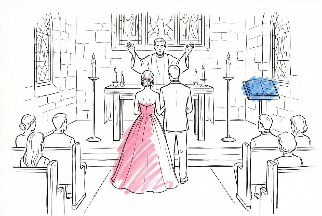 En präst välsignar ett par vid ett kyrkaltare med tända ljus, en öppen psalmbok på ett pulpet och gäster i bänkarna i Lovios illustrationsstil