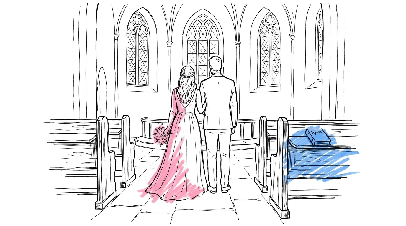Ett par står tillsammans i en svensk kyrka med höga valvfönster och varmt ljus i Lovios rosa och blå illustrationsstil