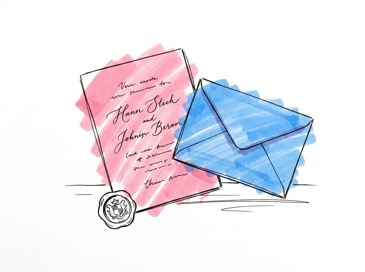 Ett bröllopsinbjudningskort som skrivs med elegant handstil bredvid ett kuvert med ett vaxsigill i Lovios illustrationsstil