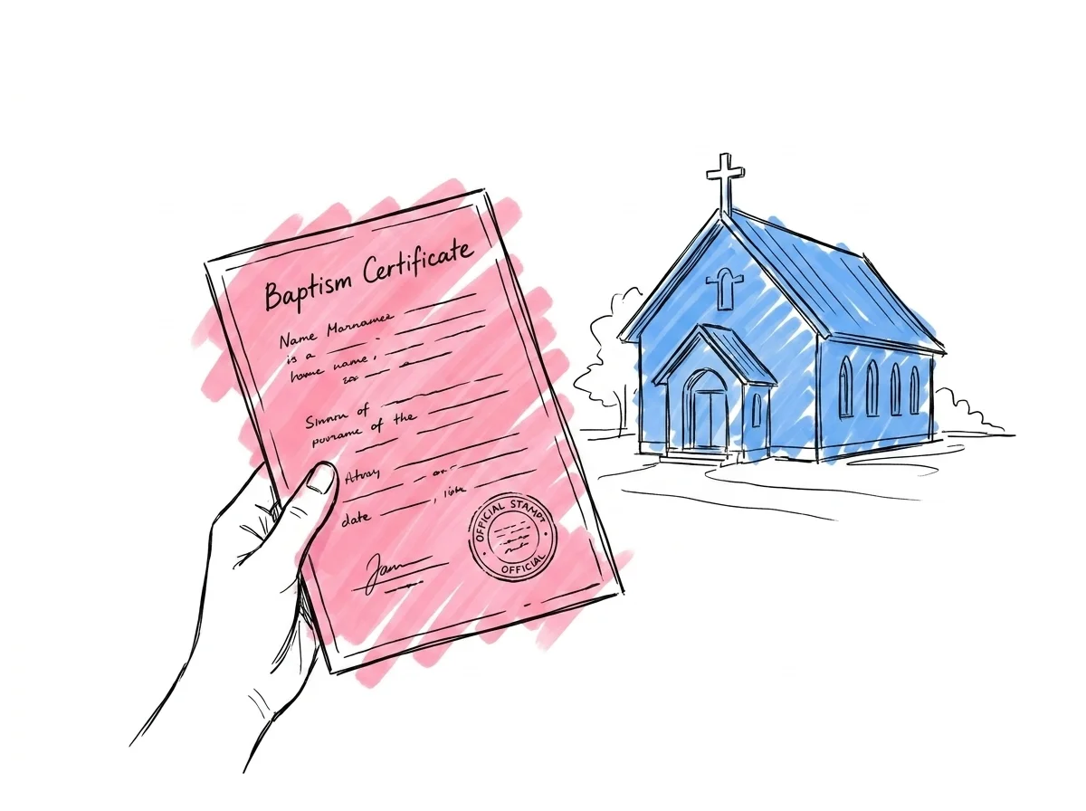 En hand som håller ett dopbevis med en församlingsbyggnad i bakgrunden i Lovios illustrationsstil