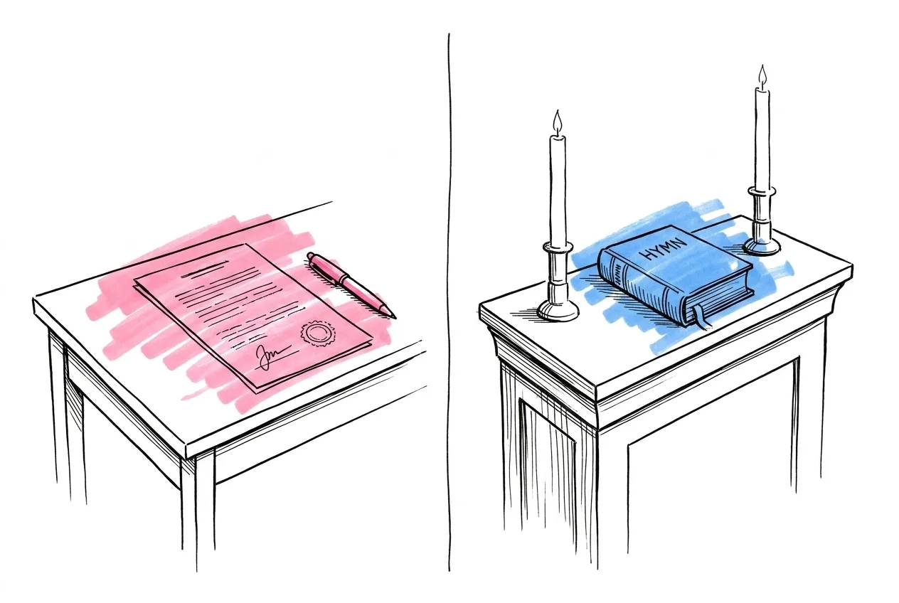 Sida vid sida — ett enkelt skrivbord med dokument och penna till vänster (borgerlig vigsel) och ett kyrkaltare med ljus och psalmbok till höger (välsignelse) i Lovios illustrationsstil