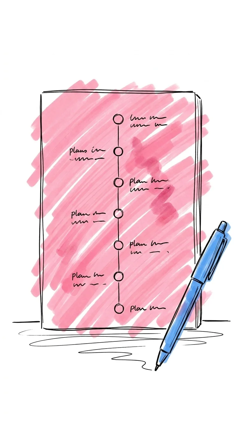 En vertikal kalender eller planeringssida med markerade datum och milstolpar och en penna som vilar bredvid i Lovios illustrationsstil