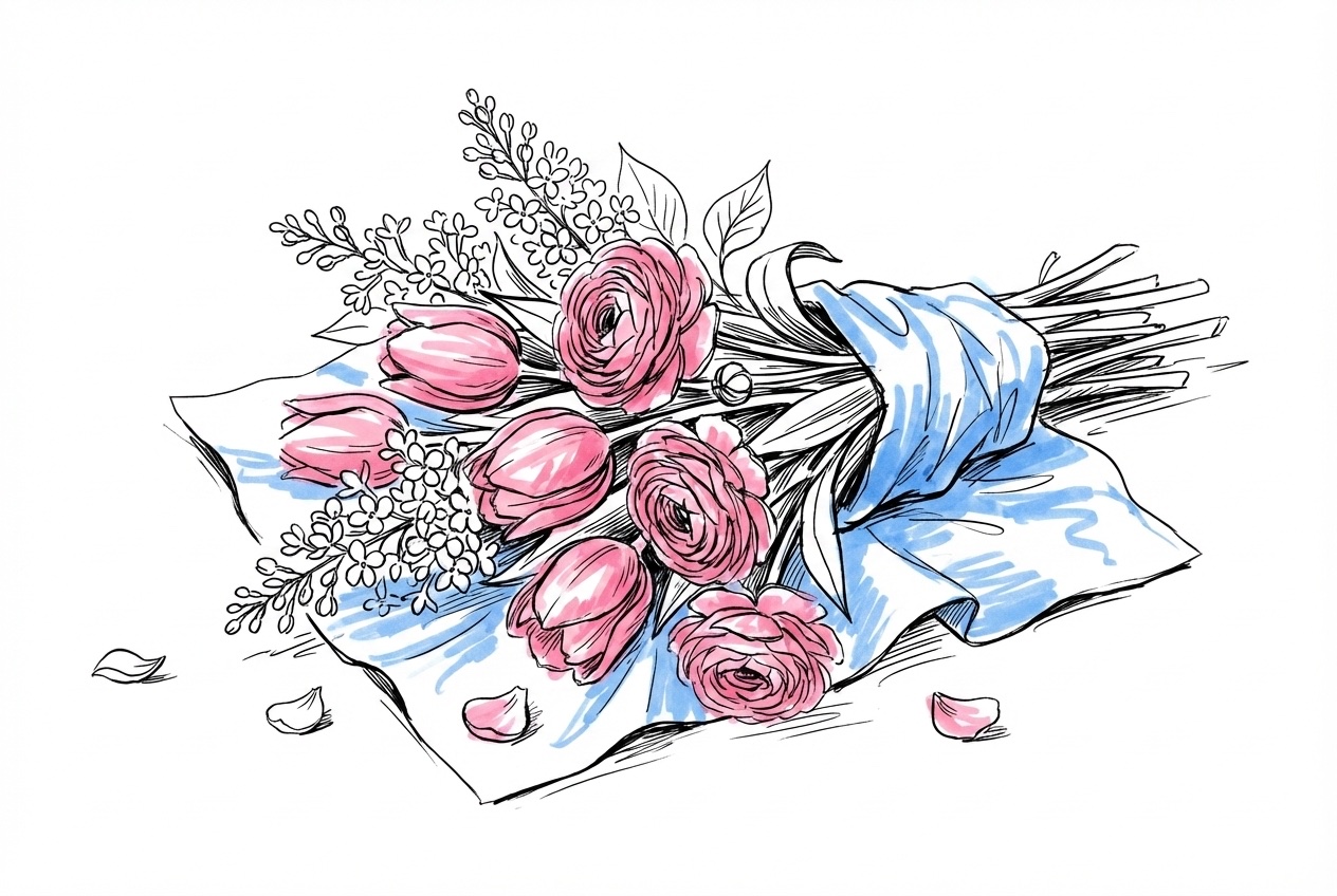 Vårblommor i säsong — tulpaner, syrener och ranunkler för brudbukett och bordsdekoration