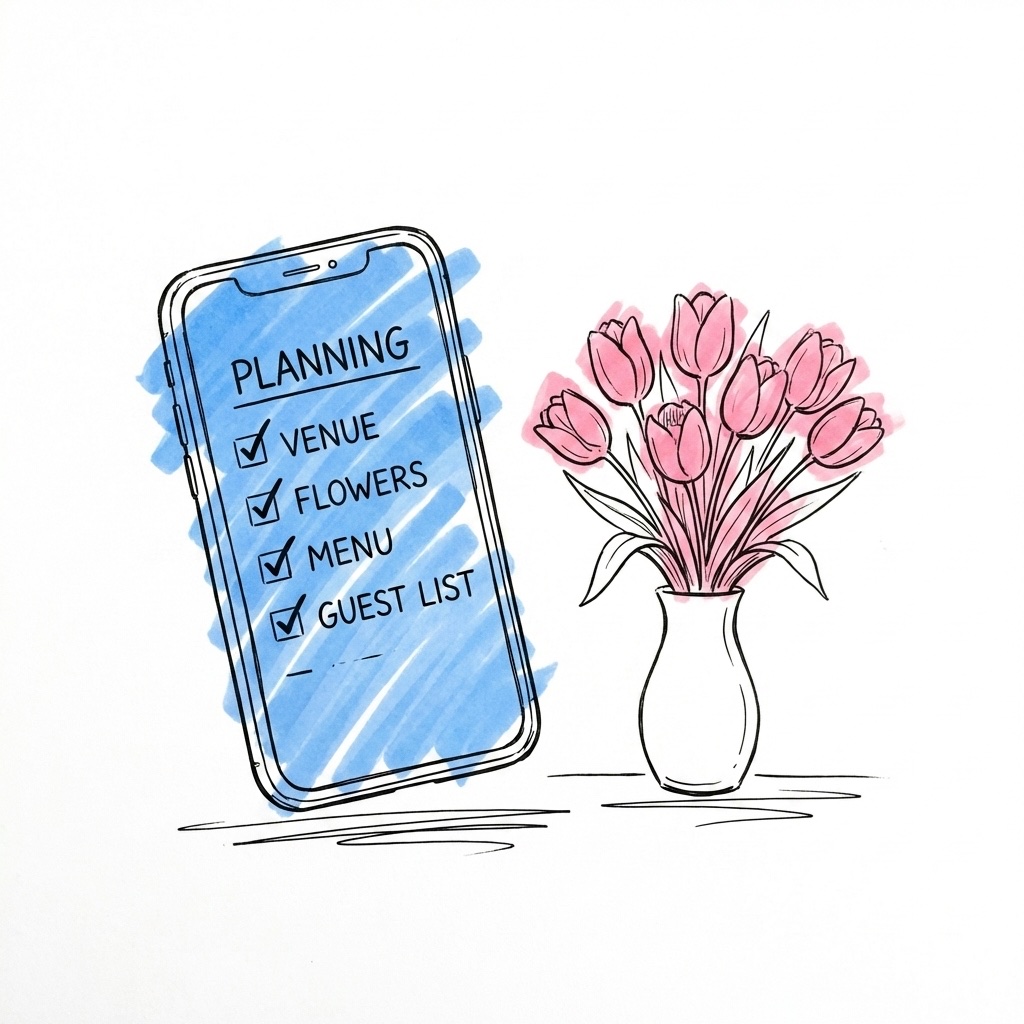 Glatt par som planerar sitt vårbröllop tillsammans — optimistisk och handlingskraftig stämning