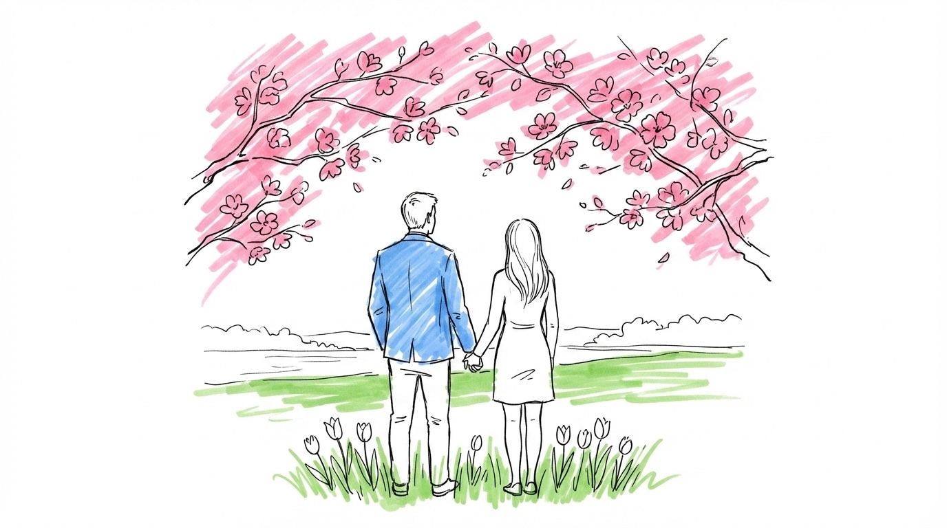 Vårbröllop i Sverige — ett par i svenskt vårlandskap med blommande körsbärsträd och mjukt ljus