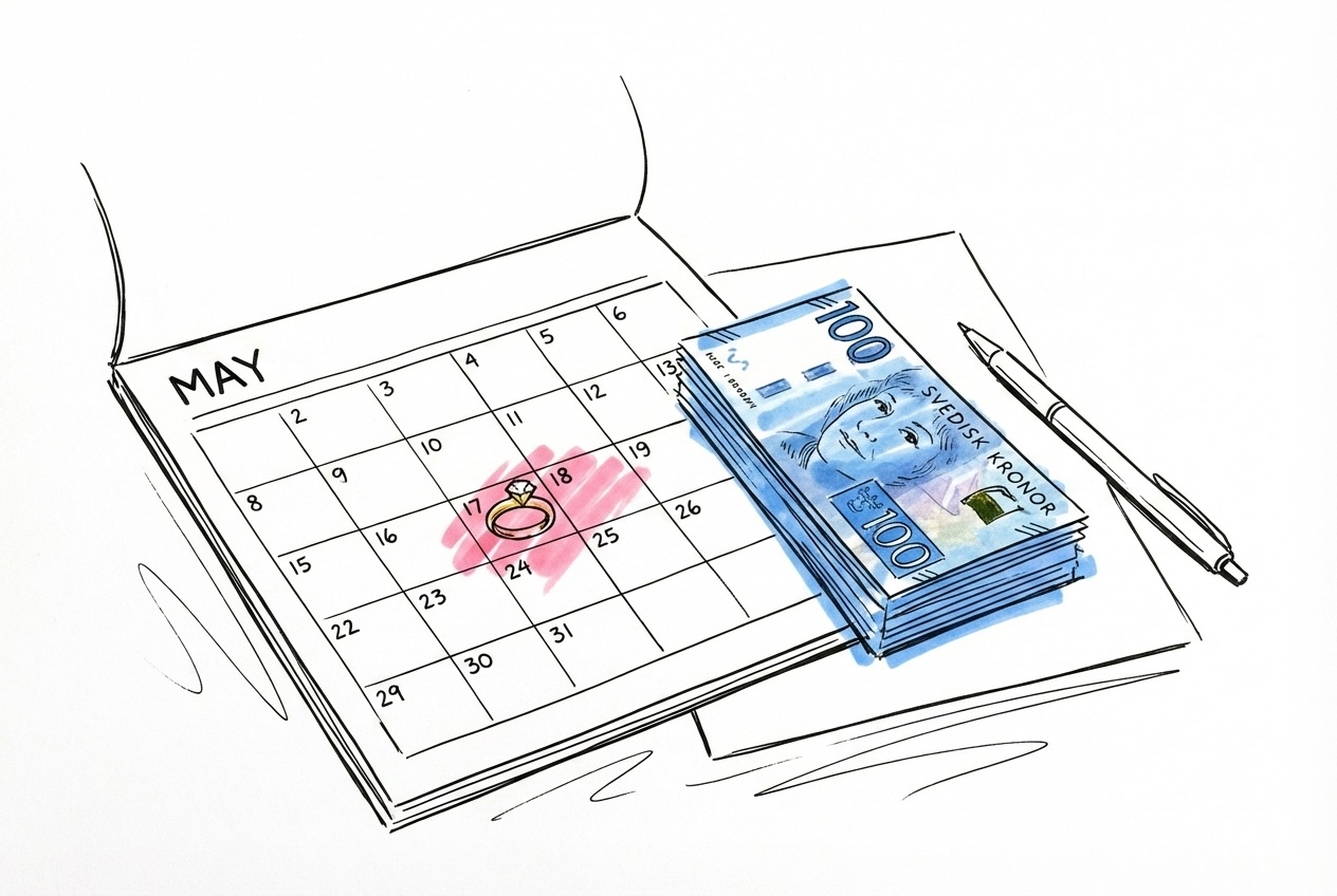Vårlandskap med festlokal och blommande träd — prisfördelar för vårbröllop
