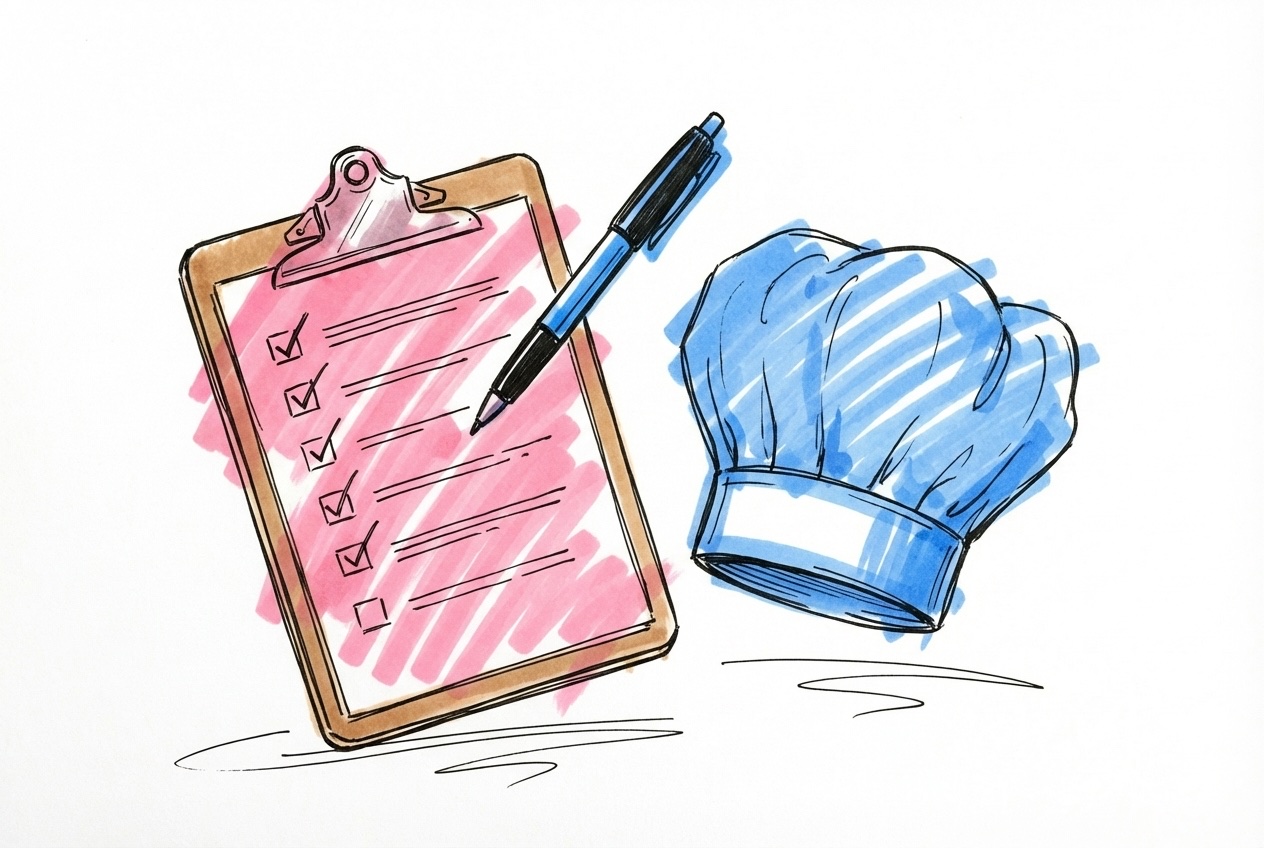 En checklista på ett clipboard med en kockmössa bredvid och en penna ovanpå, i Lovios rosa och blå illustrationsstil