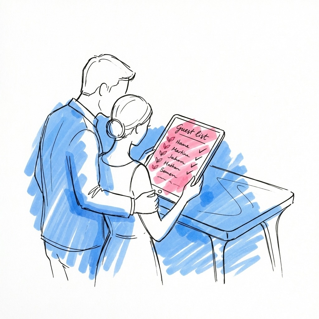 Ett par som granskar en surfplatta med en gästlista och kostikoner bredvid varje namn, i Lovios rosa och blå illustrationsstil