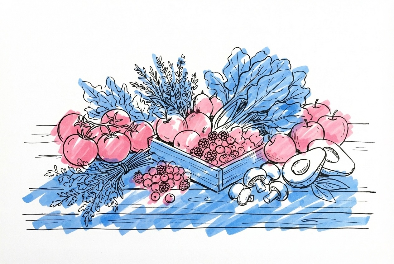 Ett rikt upplägg av färgglada grönsaker, frukter och örter på en rustik träyta, i Lovios rosa och blå illustrationsstil