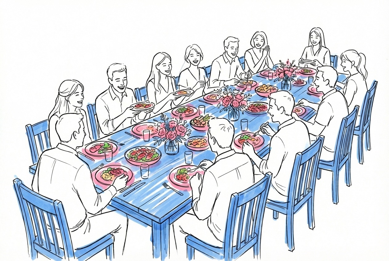 Ett festligt bord med flera gäster som njuter av olika färgglada rätter tillsammans, i Lovios rosa och blå illustrationsstil