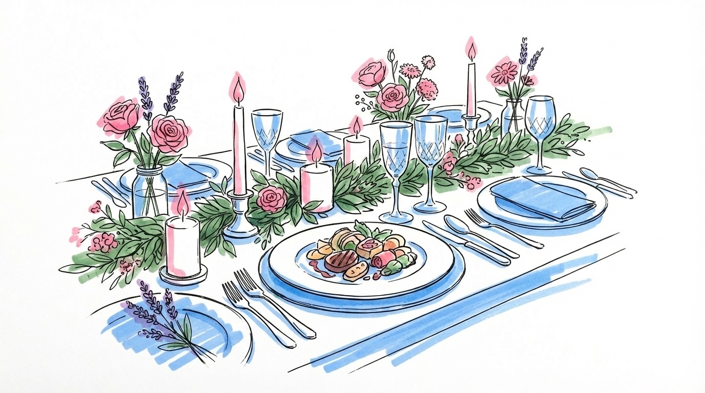 Veganskt bröllop: ett elegant dukat bröllopsbord med en växtbaserad rätt som mittpunkt, omgiven av ljus och grönska, i Lovios rosa och blå illustrationsstil